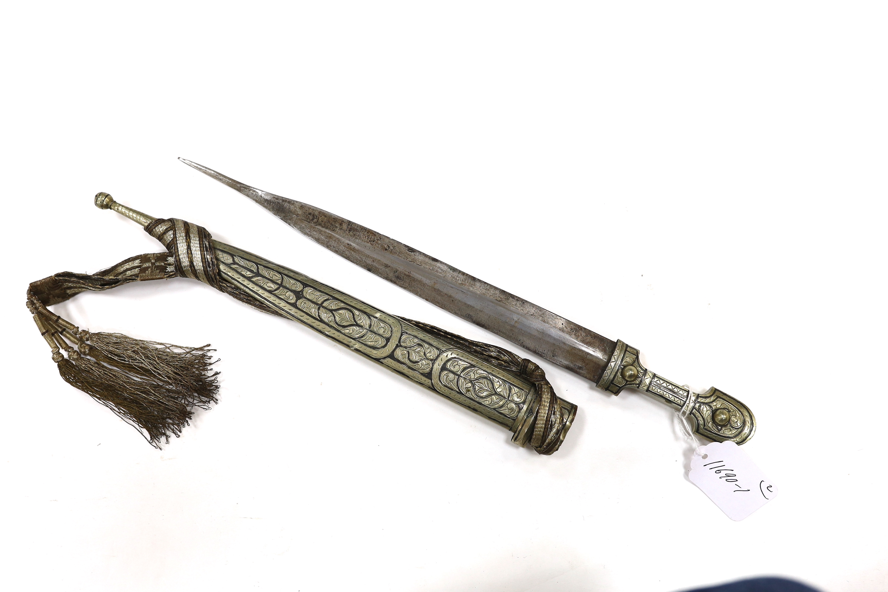 A 19th century Albanian flintlock miquelet lock rifle (Balkan long arm) and a Caucasian style dagger, with niello work scabbard, barrel 122cm (2)